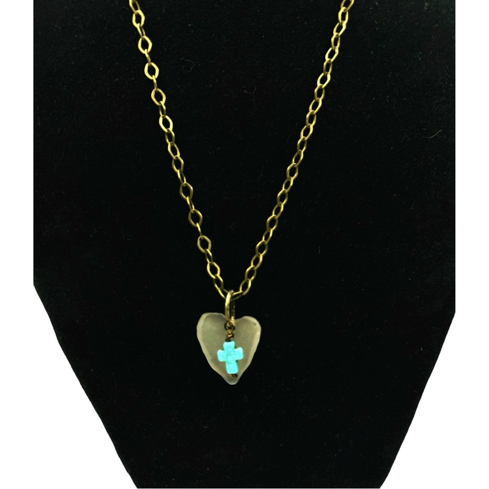 Light Green Sea Glass Heart Pendant with Turquoise Cross Charm, Artisan Crafted